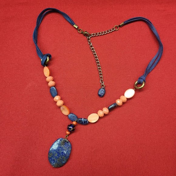 Blue Gemstone Orange Beads Blue Cord Necklace Boho Chic - Picture 8 of 9